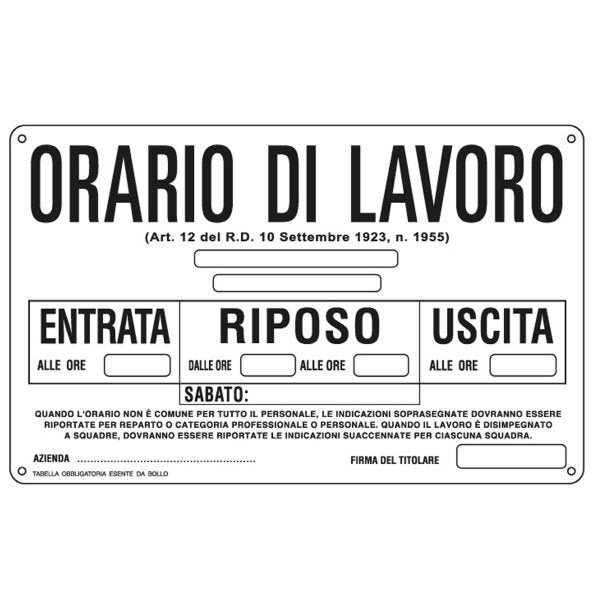 Cartello in alluminio Orario di lavoro- F.to: 30x20 cm