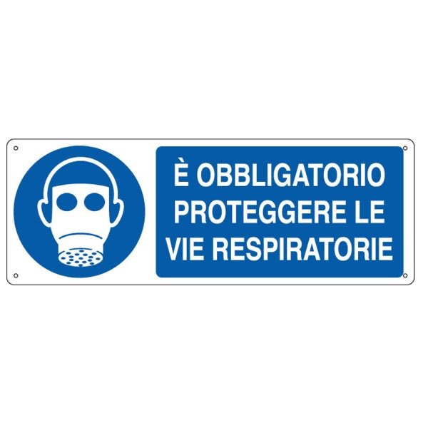 Cartello in alluminio E' obbligatorio proteggere le vie respiratorie - F.to: 35x12,5 cm