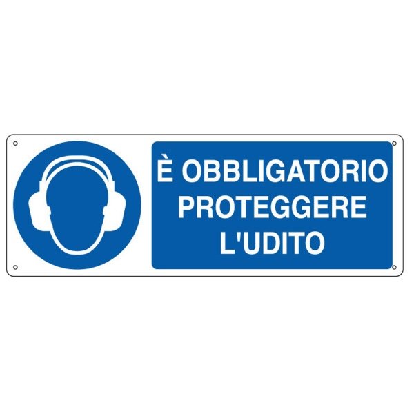 Cartello in alluminio E' obbligatorio proteggere l'udito - F.to: 35x12,5 cm