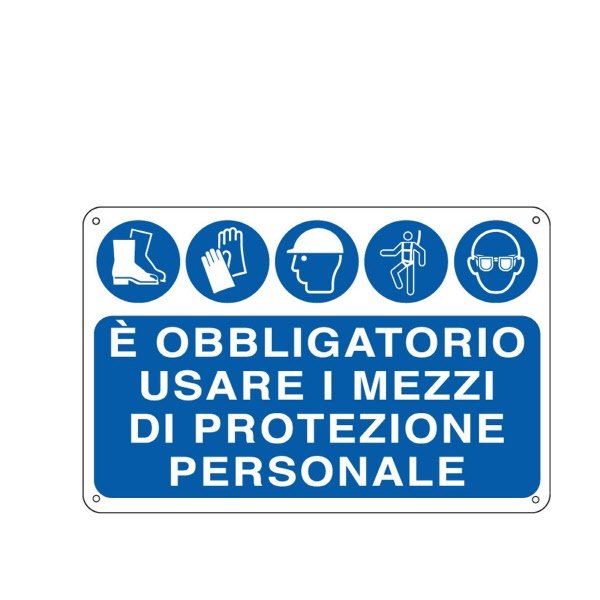 Cartello in alluminio E' obbligatorio usare i mezzi di protezione personale - F.to: 35x12,5 cm
