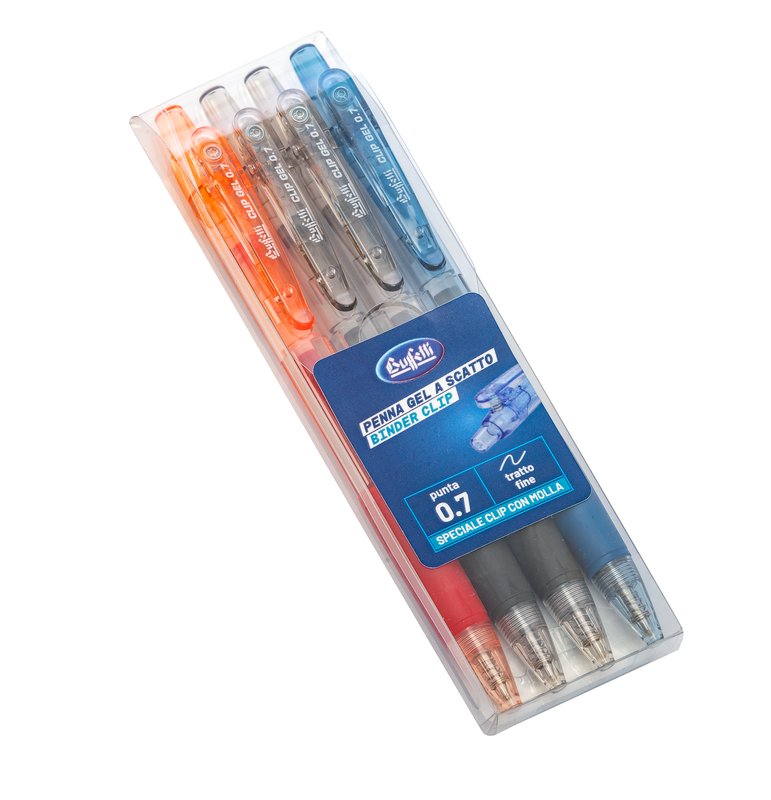 Astuccio 4 Penne a sfera a scatto Gel ultra smooth - punta fine - colore nero, rosso, blu