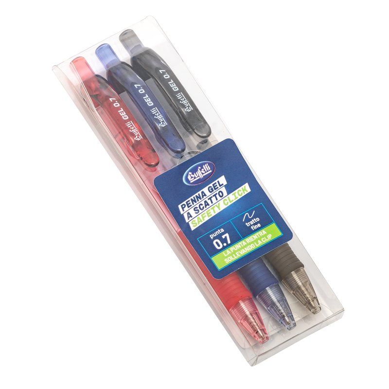 Astuccio 3 Penne a sfera gel a scatto con safety clip - nero, rosso, blu - Tratto fine