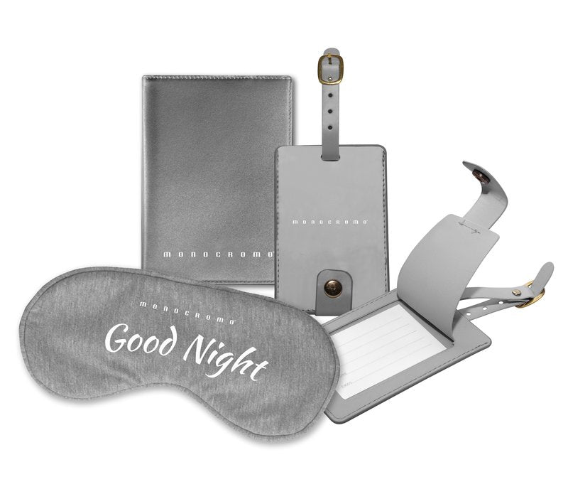 Set da viaggio MONOCROMO,con mascherina sonno, porta passaporto , targhetta valigia - grigio
