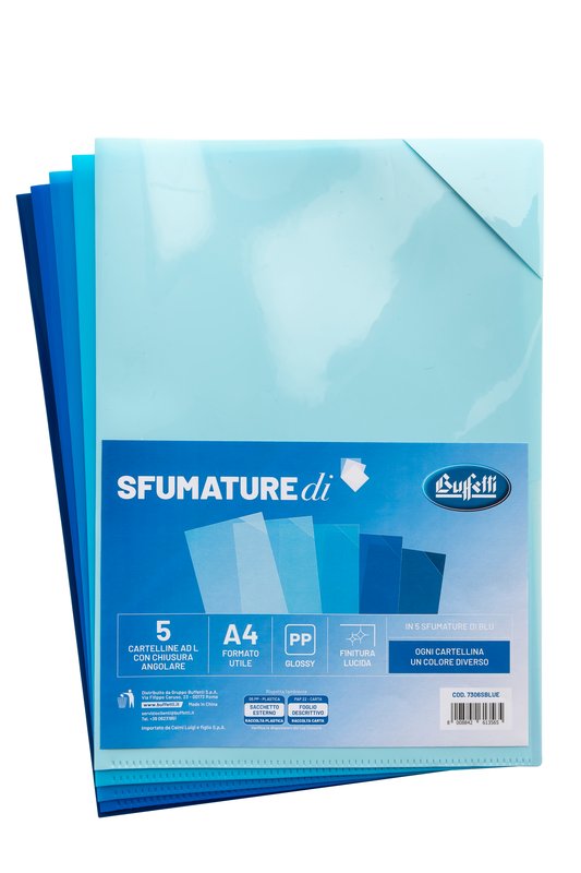 Cartelline ad L con chiusura angolare - pp glossy - SFUMATUREdi - 5 sfumature di blu - 30x22 cm - conf. 5 pz