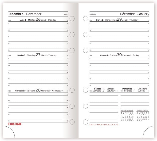 Refill organizer - Calendario settimanale - 2027 - carta bianca - formato grande multiforo - 14x21,5 cm