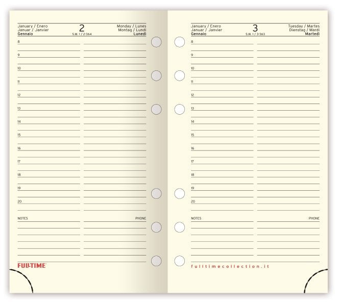 Refill organizer - Calendario giornaliero - 2027 - carta avorio - formato grande multiforo 14x21,5 cm