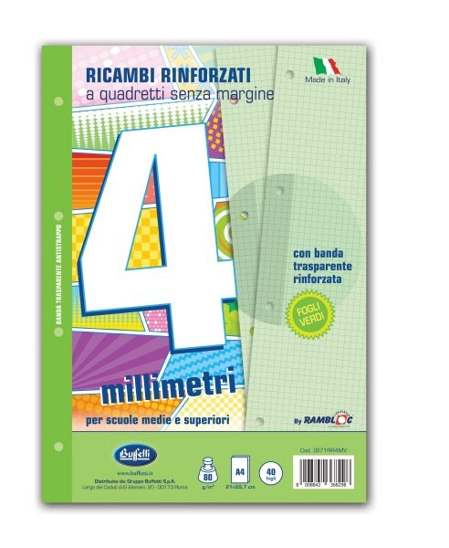 Ricambi rinforzati colorati - A4  - 80 g - Rigatura 1R - Righe medie e superiori - verde