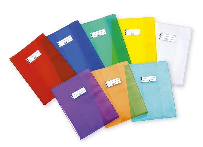 Copertina per quaderni - polipropilene - trasparente - 30x21 cm -  extra spessore - etichetta portanome - colori assortiti