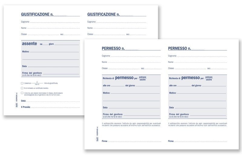 Libretto personale delle Giustificazioni e dei Permessi - Blocco 25 fogli a madre/figlia - 14,8x21,5 cm