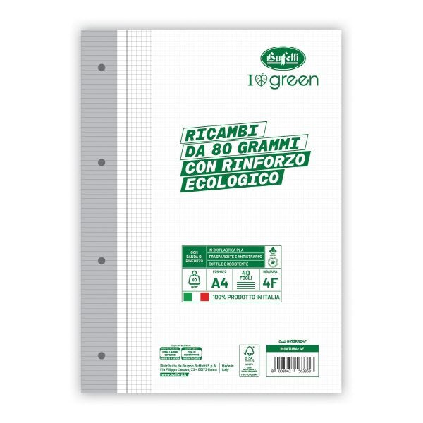 Ricambi rinforzati I love green - 80 g - banda ecologica - Rigatura 4F - Quadretto da 4mm con margine