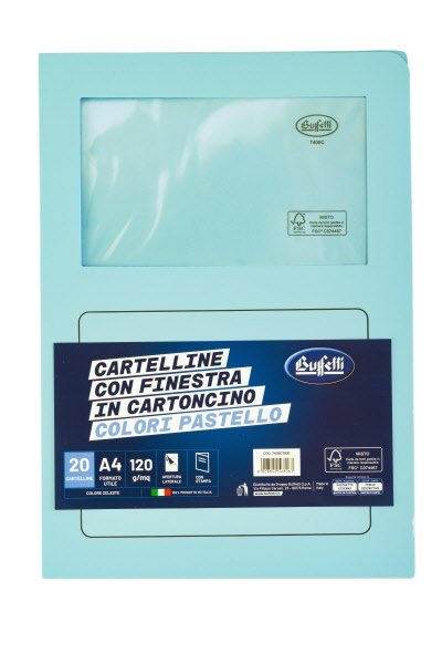 Cartelline con finestra - cartoncino ecologico - 120 g/mq - 29,7x21 cm - celeste  - conf. 20 pz