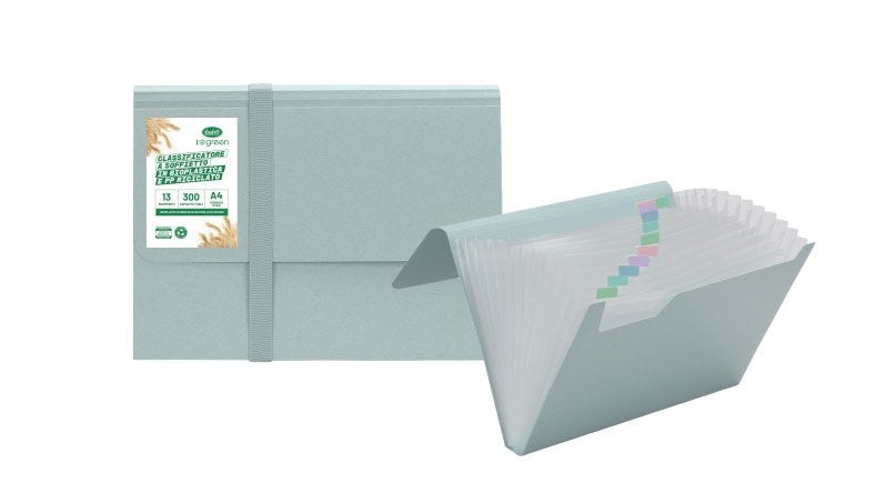 Classificatore a soffietto - bioplastica e pp riciclato - 12 scomparti - 21x29,7 cm - chiusura con elastico - celeste