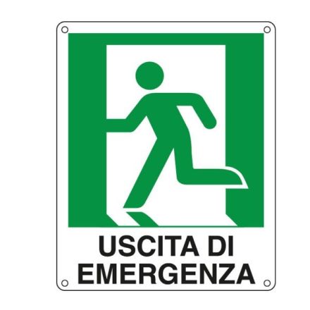 Cartello in alluminio Uscita di emergenza a sx - F.to: 25x31 cm