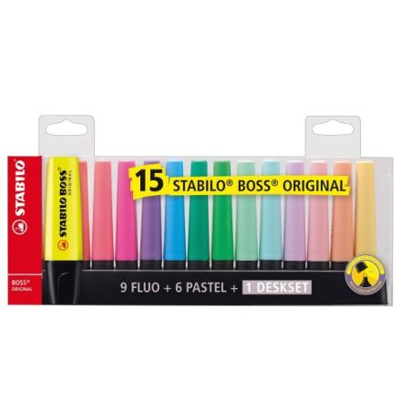 Evidenziatore Stabilo Boss Original - Deskset 15 colori fluo+pastel assortiti - Tratto 2-5 mm - Punta a scalpello