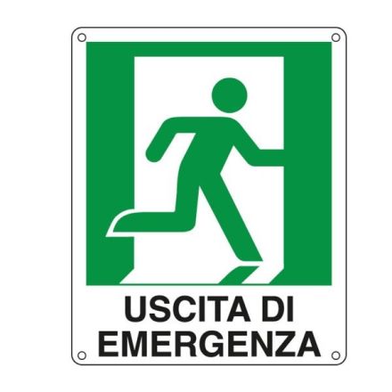 Cartello in alluminio Uscita di emergenza a dx - F.to: 25x31 cm
