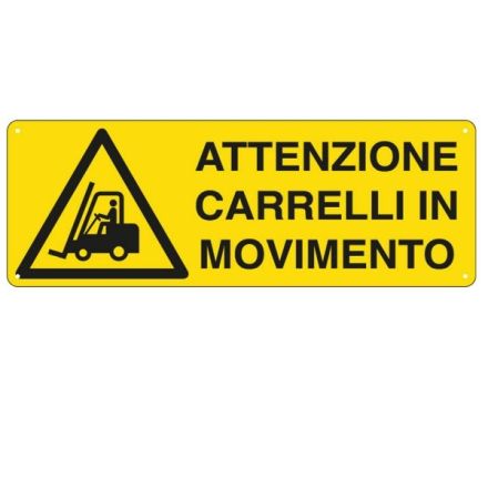 Cartello in alluminio Attenzione carrelli in movimento - F.to: 35x12,5 cm