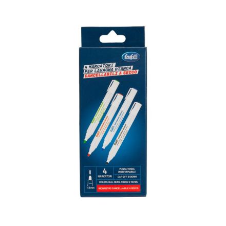 Set 4 Marcatori per lavagne bianche - blu, nero, rosso, verde - Punta tonda - Tratto 1-3 mm