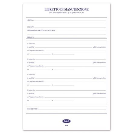 Registro Libretto della manutenzione di impianti/macchinari/apparecchiature - 4 pagine - 29,7x21 cm