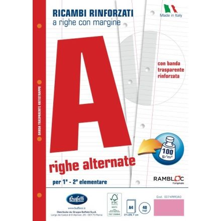 Ricambi rinforzati - A4 - 100 g - Rigatura A - Righe 1a e 2a elementare