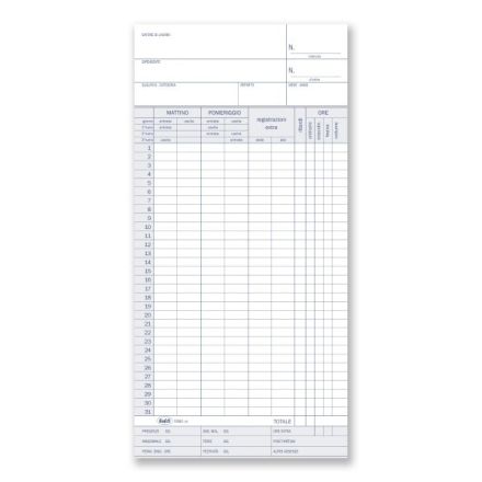 Scheda presenze per orologio (controllo mensile) - Scheda da 275 gr. - 22,5x10,5 cm