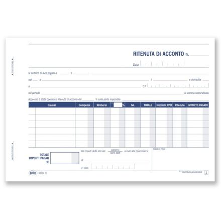 Ritenute di acconto - Certificati delle ritenute d¿acconto - Blocco 50/50 fogli autoricalcanti - 14,8x21,5 cm