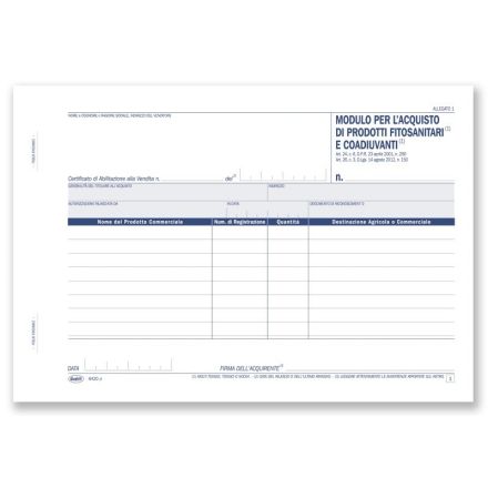 Scheda acquisto prodotti fitosanitari e coadiuvanti - Blocco 50/50 fogli autoricalcante - 14,8x21,5 cm