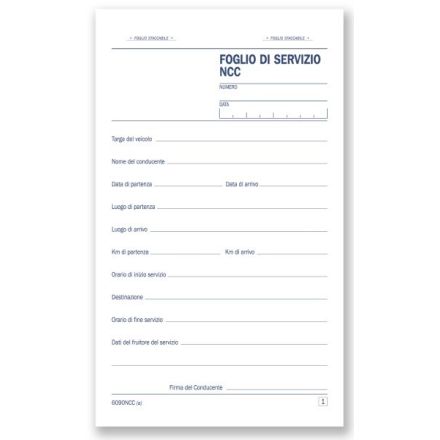 Fogli di servizio NCC - Blocco 50/50 fogli autoricalcante - 16,8x10 cm
