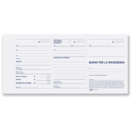 Riparazioni da eseguire su oggetti consegnati dal cliente (matrice, scontrino, oggetto) 3 tagliandi verdi - Blocco 50/50/50 cartoncini autoricalcante - 10x21,5 cm