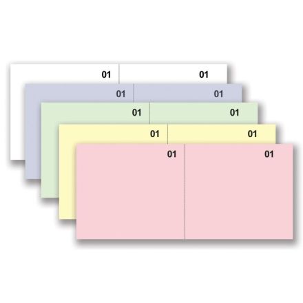 Scontrini numerati generici - Blocco 100 fogli bianchi/blu/verdi/rossi/gialli - 2 tagliandi prenumerati - 3 serie numeriche 1/1000 per colore - 5,8x13 cm