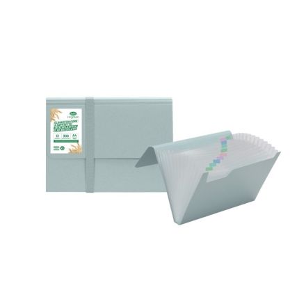 Classificatore a soffietto I love green - bioplastica e pp riciclato - 12 scomparti - 21x29,7 cm - chiusura con elastico - celeste