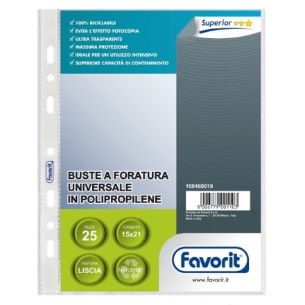 Buste a foratura universale - Polipropilene - 21x15 cm - lisce - alto spessore - conf. 25 pz.